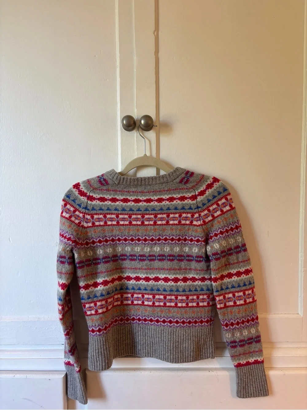 J. Crew Fair Isle Wool-Blend Crewneck Sweater in Gray and Red